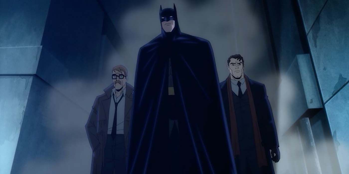 Batman, Harvey Dent and Jim Gordon in Batman: The Long Halloween, Part One.