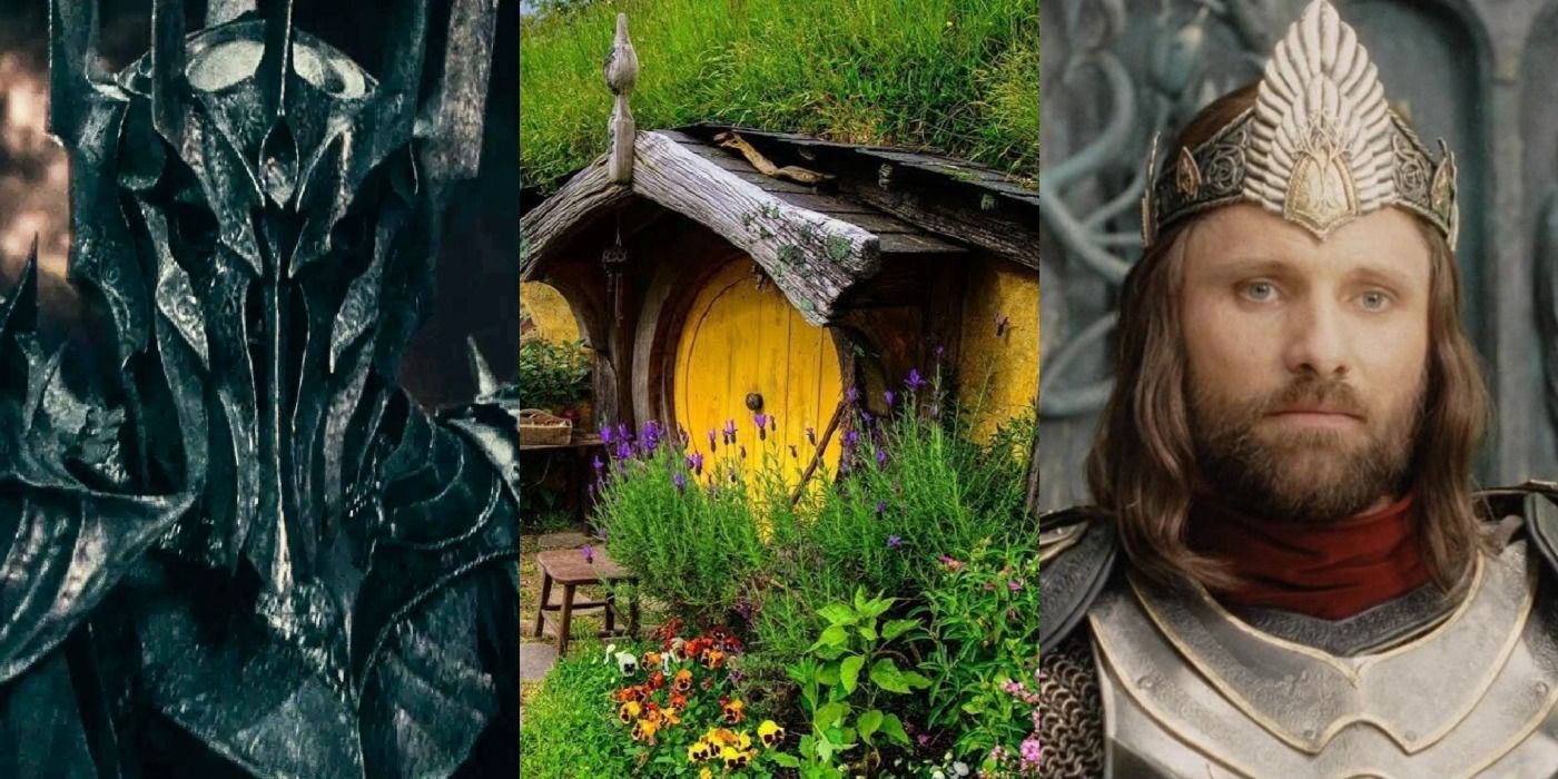 Split image of Lord Sauron, the Baggins home, and Aragon in Lord of the Rings