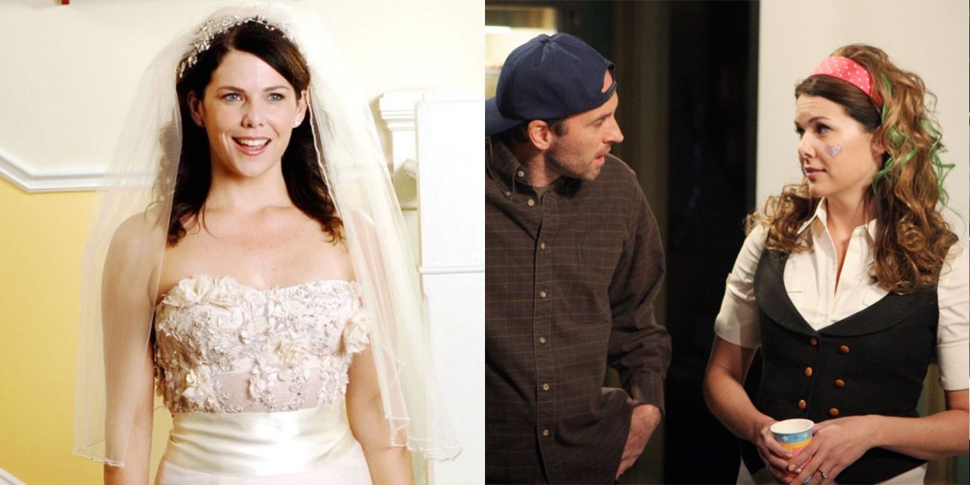 Split image of Lorelai in wedding dress and Luke and Lorelai at his diner in Gilmore Girls