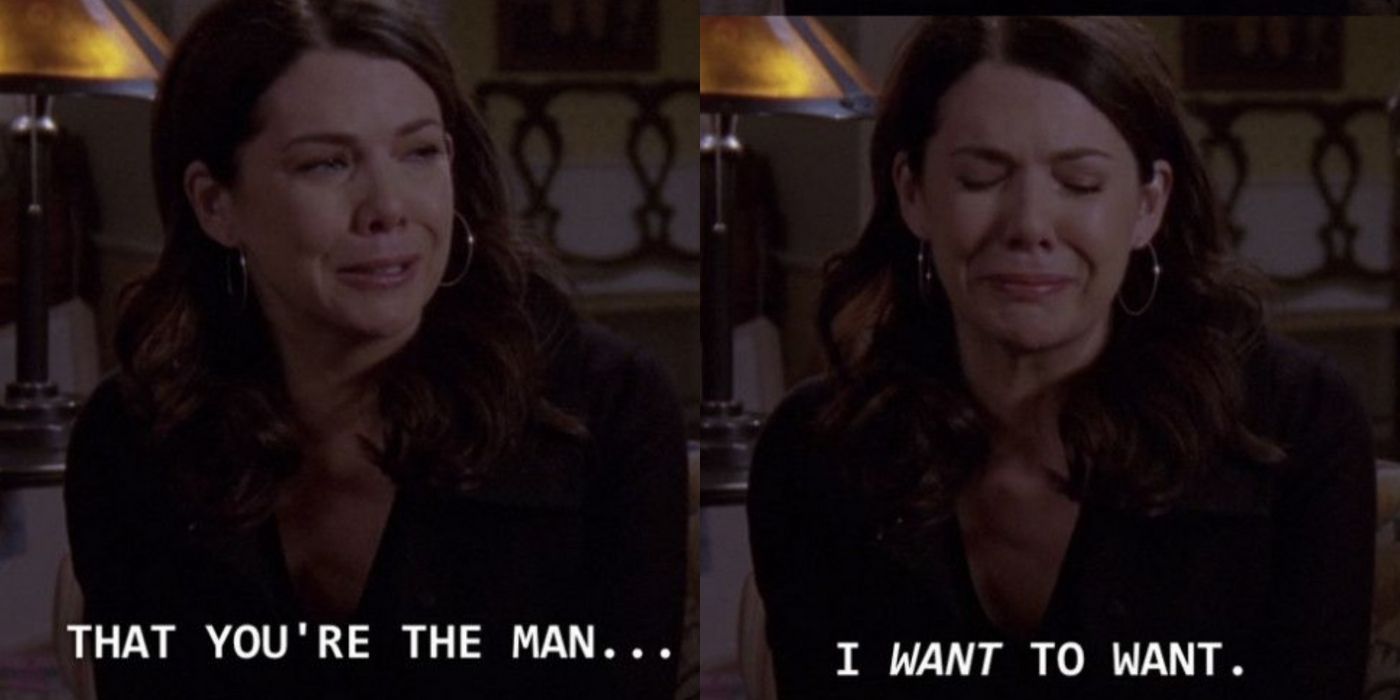 Lorelai crying about breaking up with Christopher on Gilmore Girls