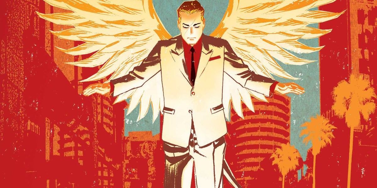 Lucifer flies with his angel wings in the comics