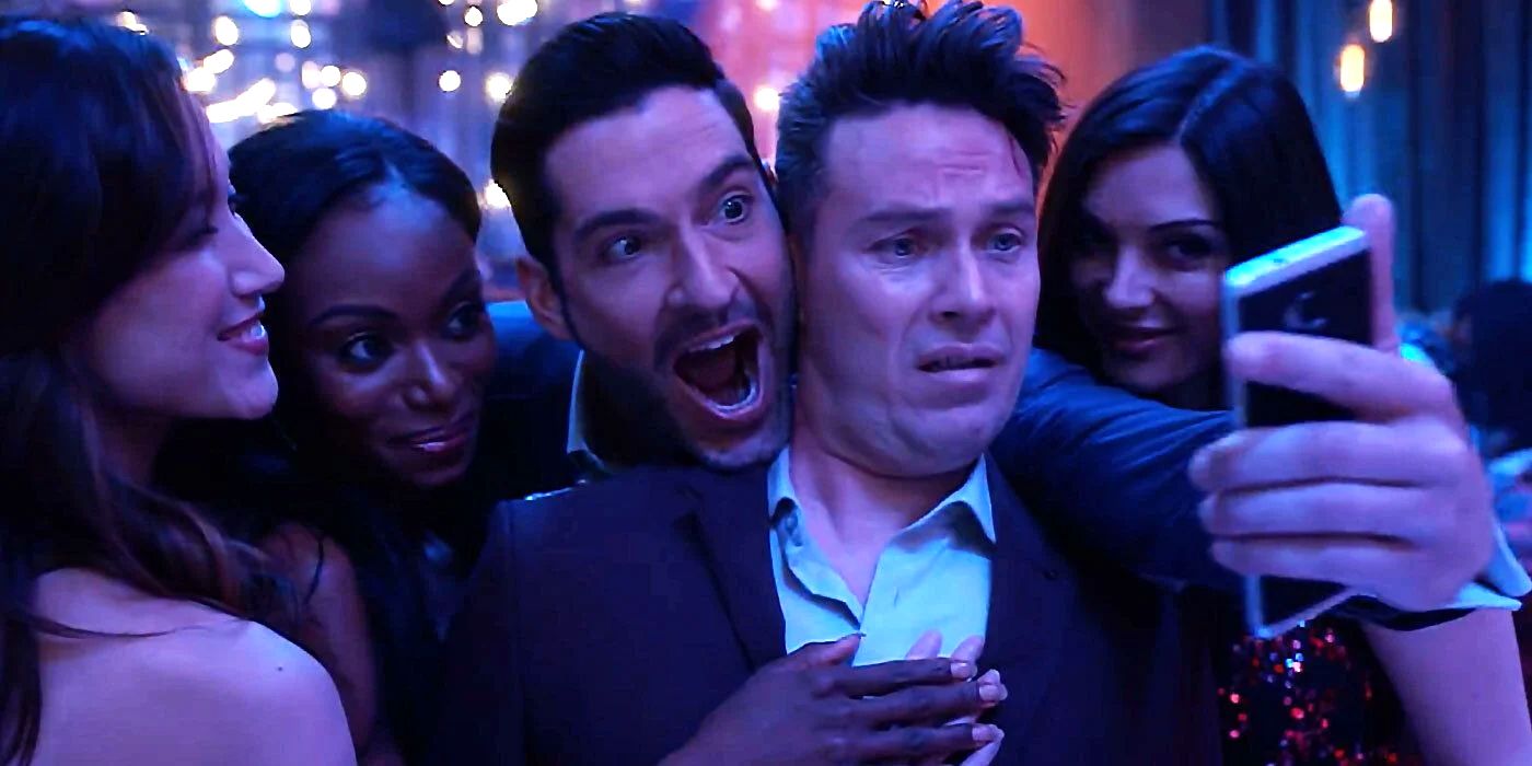 Lucifer takes a selfie with an annoyed Dan in Lucifer