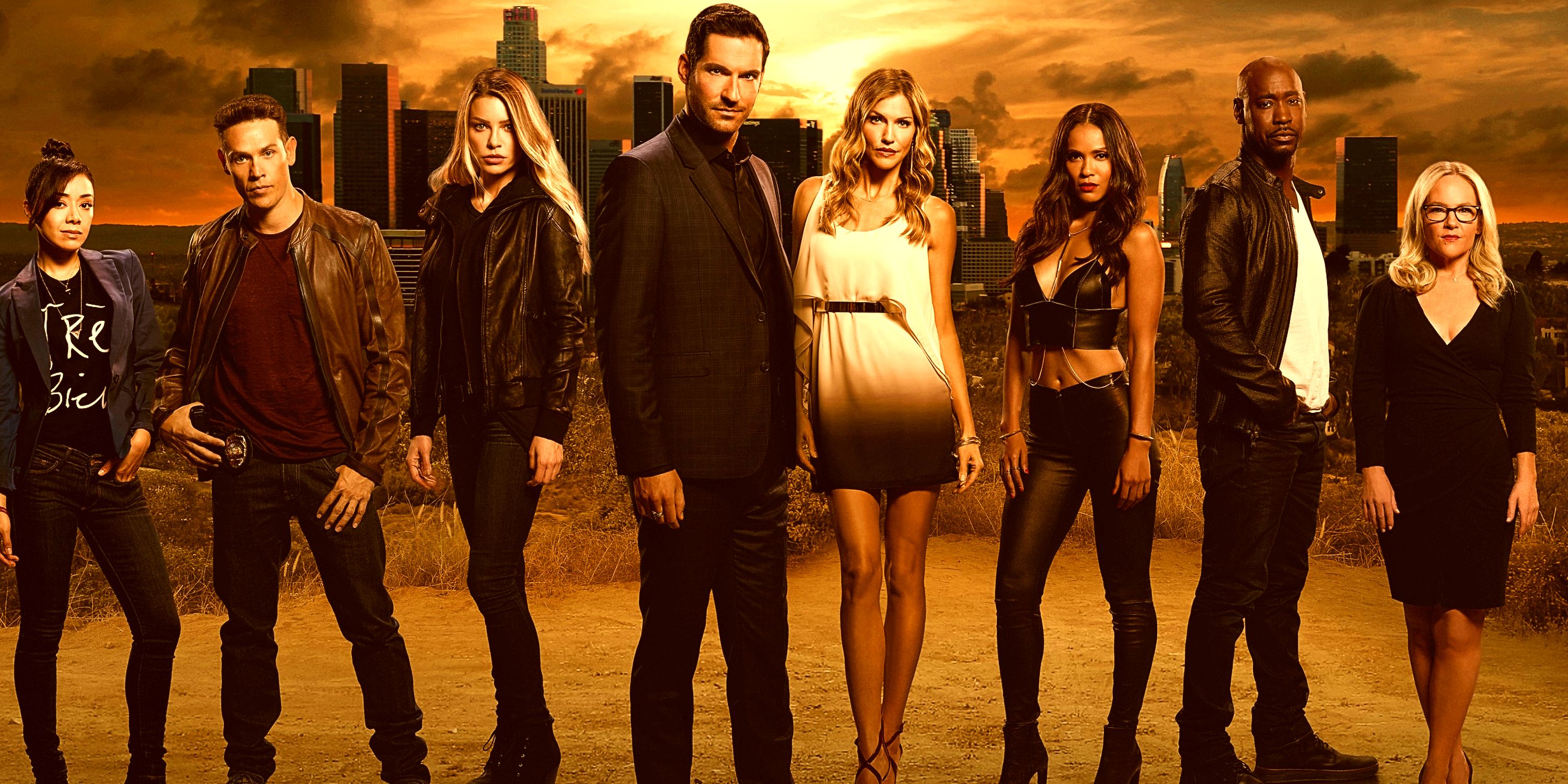 Lucifer Season 5 Cast in front of the city skyline