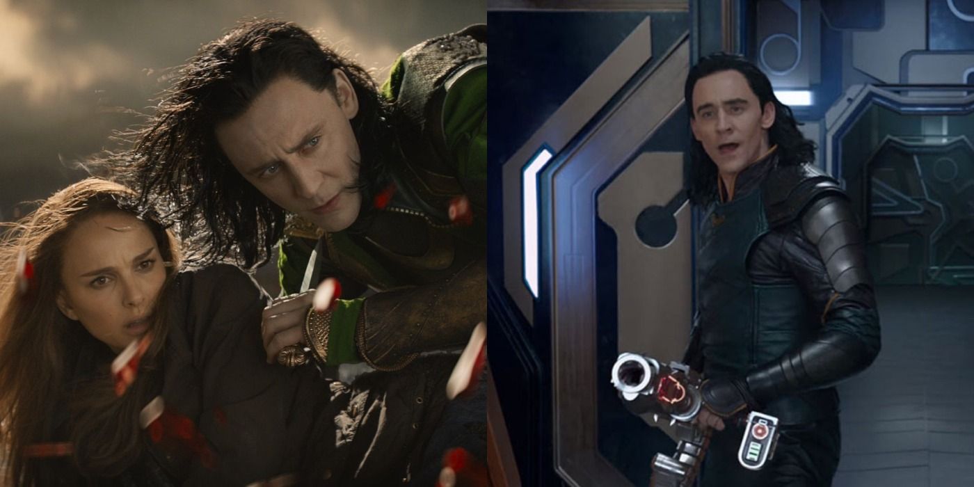 Loki shielding Jane/Loki holding weapon and smiling in the MCU