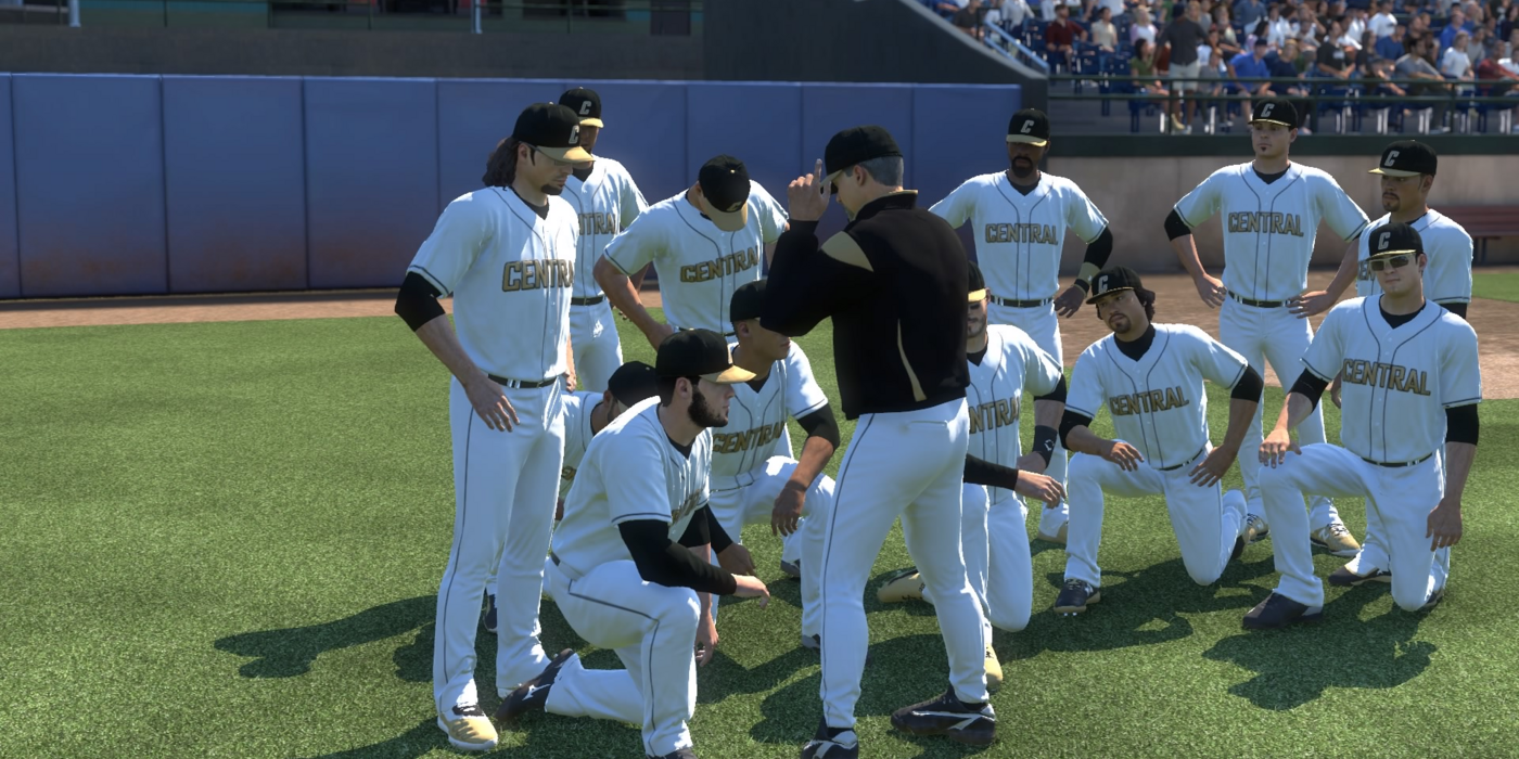 A team huddles in MLB The Show 19