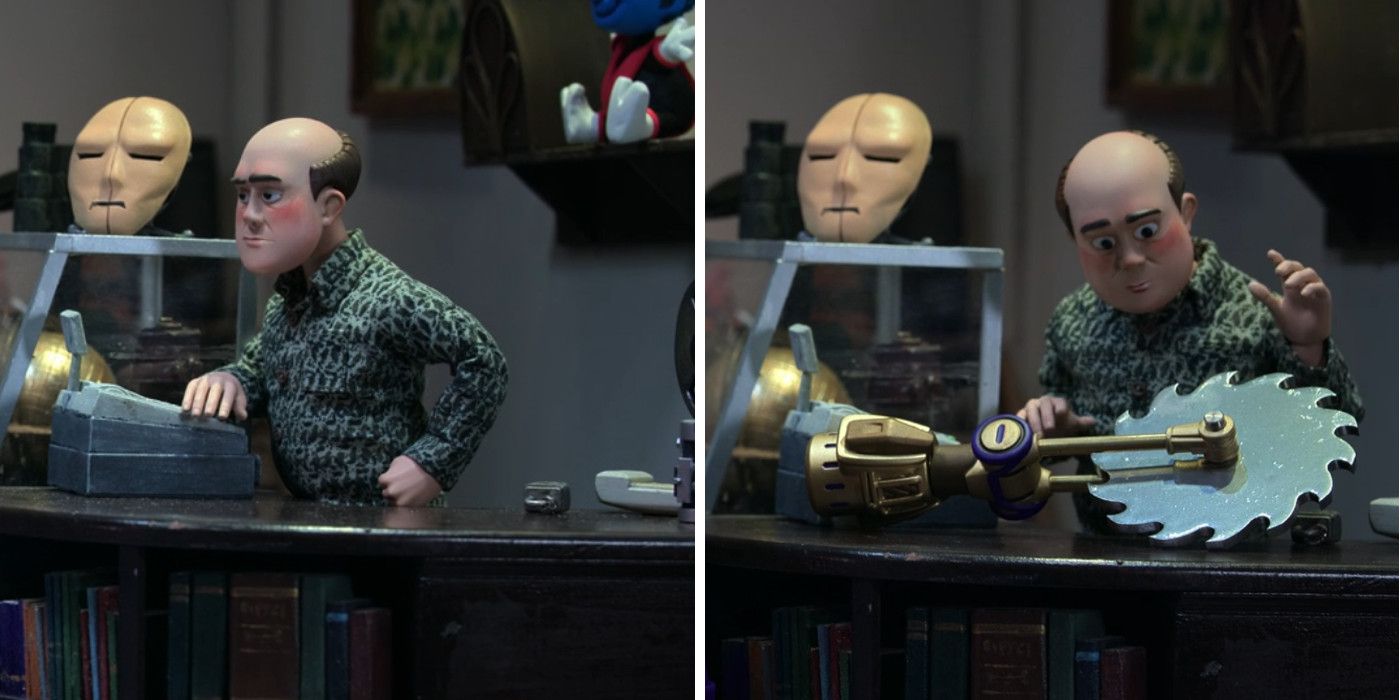 Two stills from the Pawn Shop scene in Modok