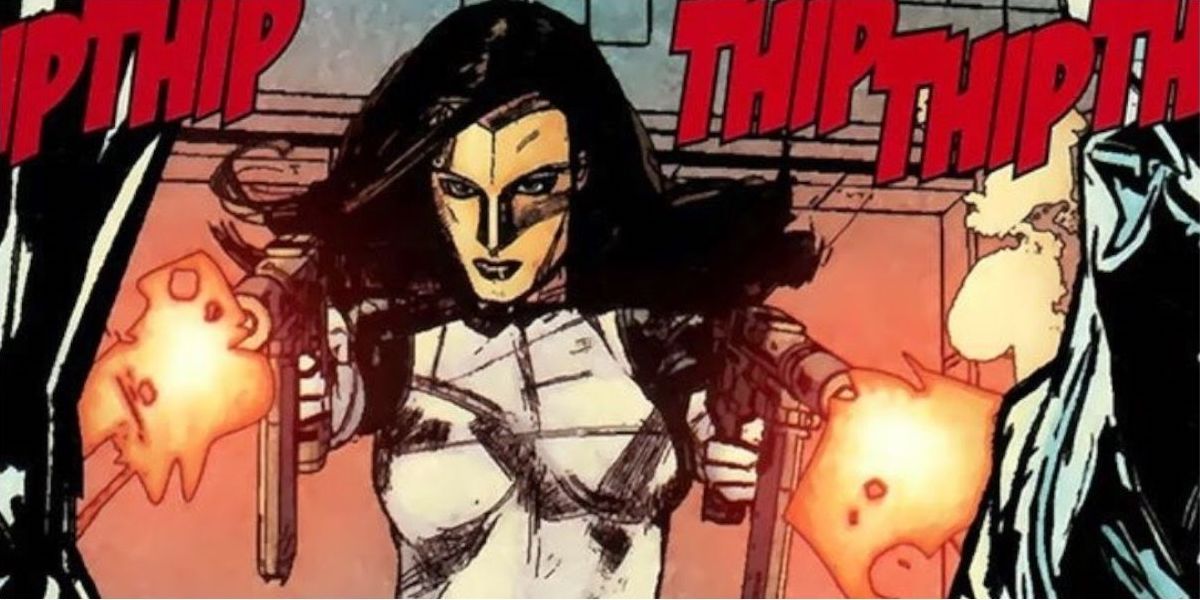 Madame Masque fires on a group of heroes