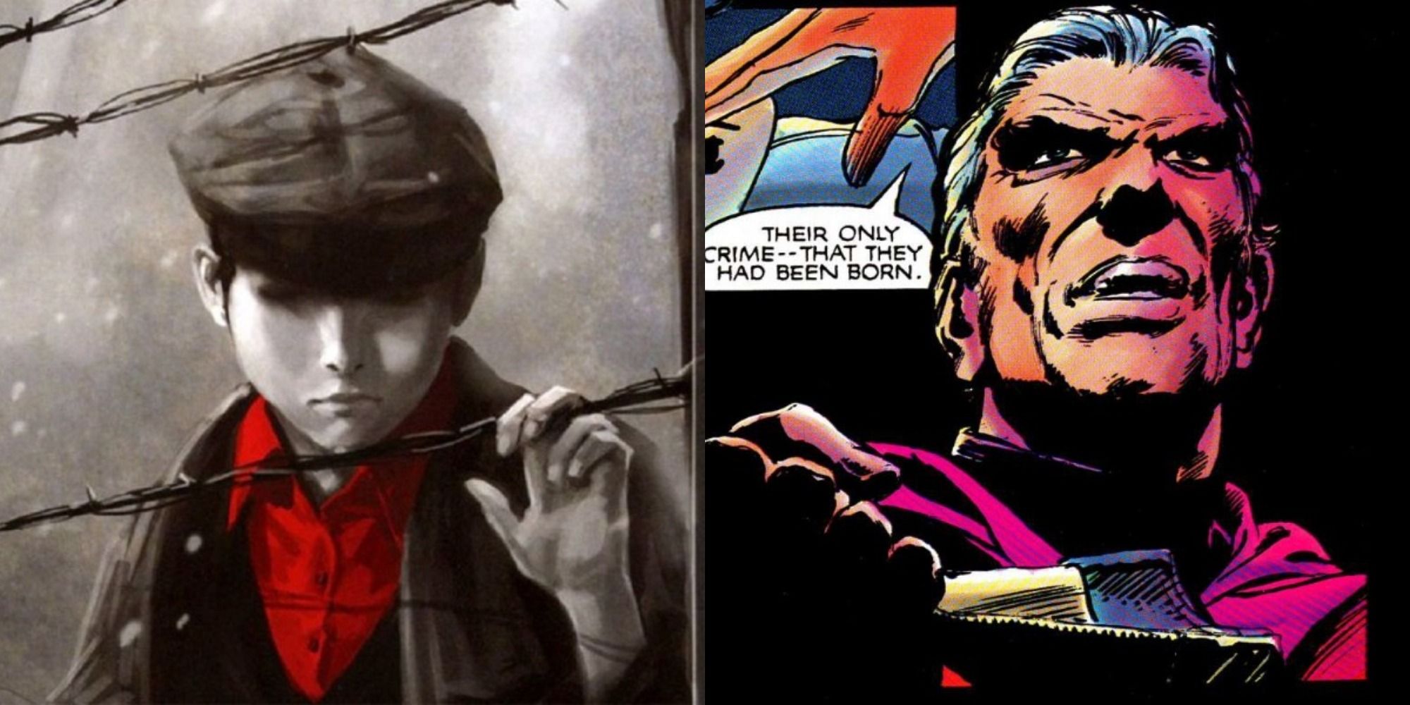 Split image of Magneto as a kid behind a barbed wire fench and as an adult Mutant