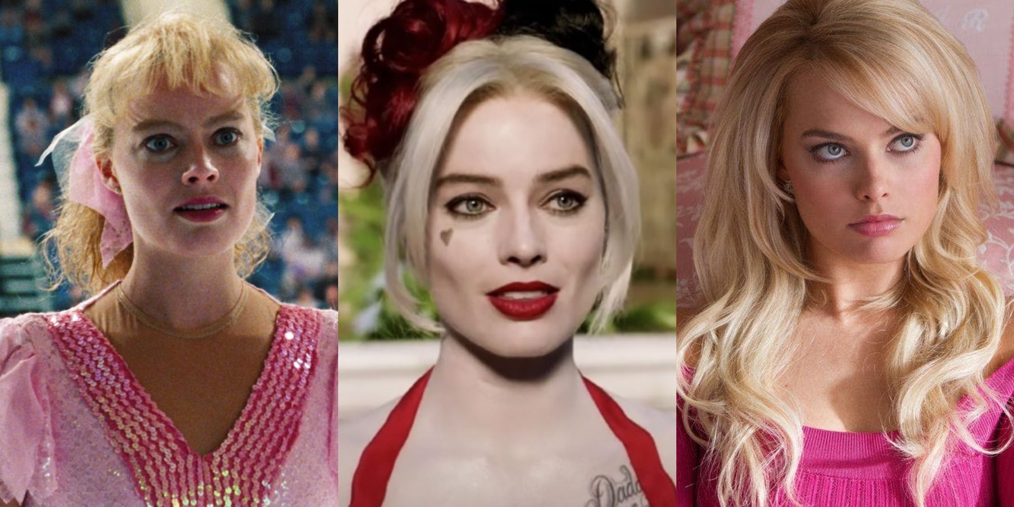 Split image depicting three Margot Robbie performances: I, Tonya, The Suicide Squad, and The Wold of Wall Street