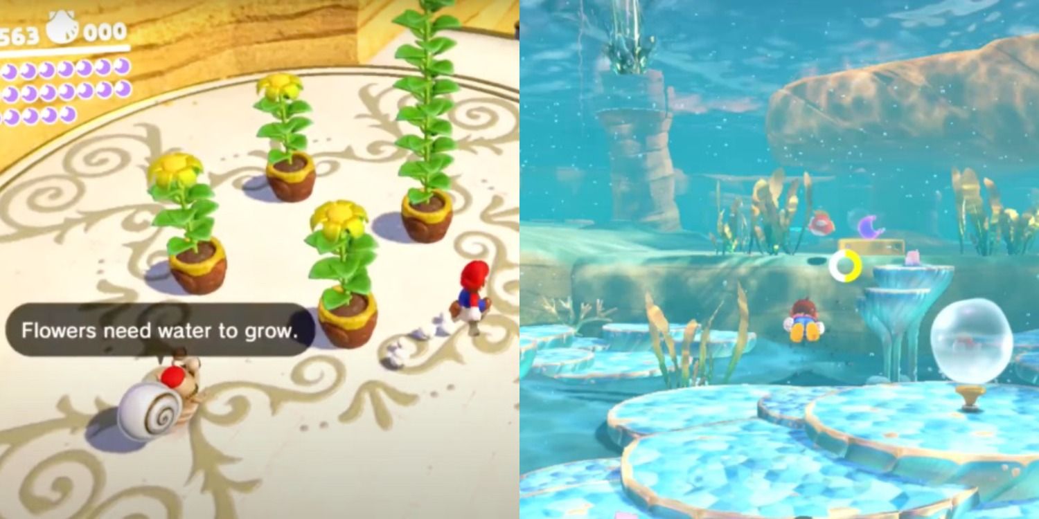Mario watering the plants and swimming underwater in Super Mario game