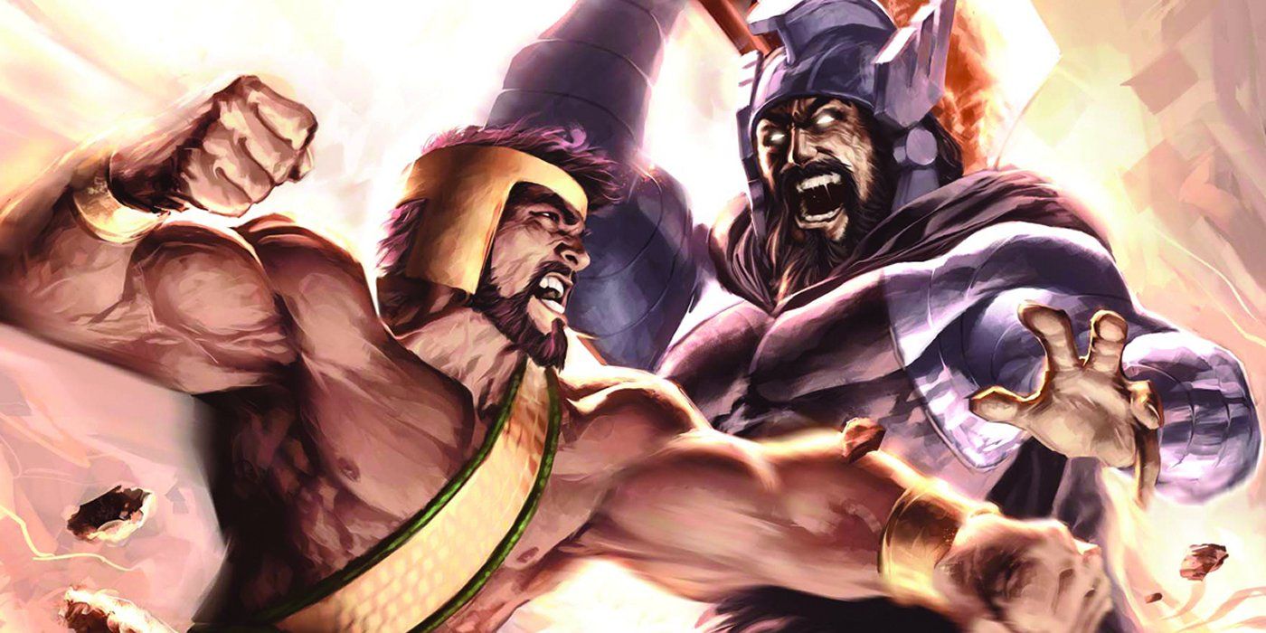 An image of Hercules fighting a screaming Typhon in Marvel Comics.