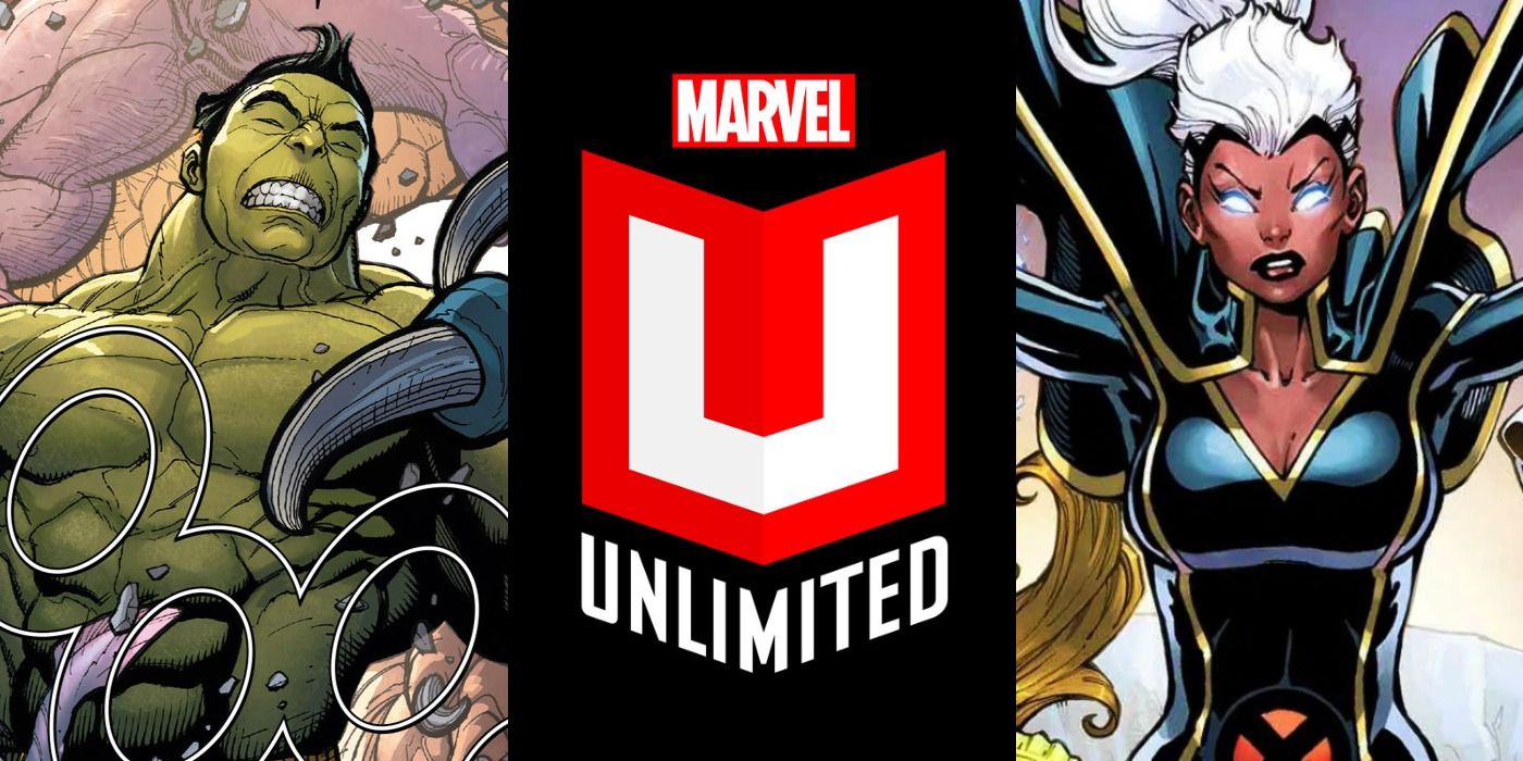 Split image of Hulk, the Marvel Unlimited logo, and Storm