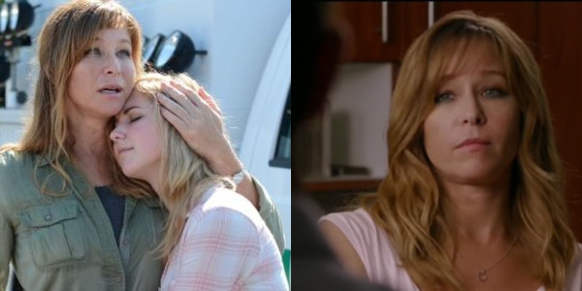 A split image of Mary Kate O'Connell in Accidental Switch. One image sees her hugging a character while the other is a close up of her face