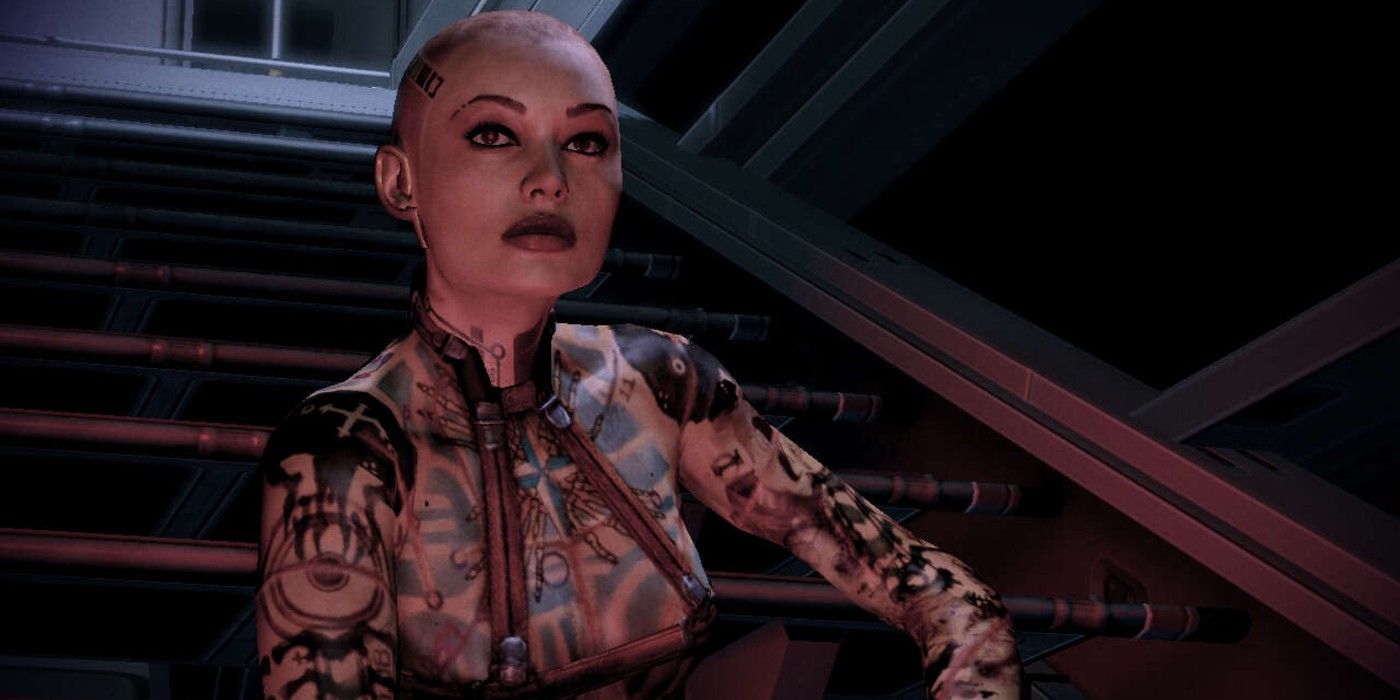 Jack sits on the stairs in Engineering aboard the Normandy in Mass Effect 2