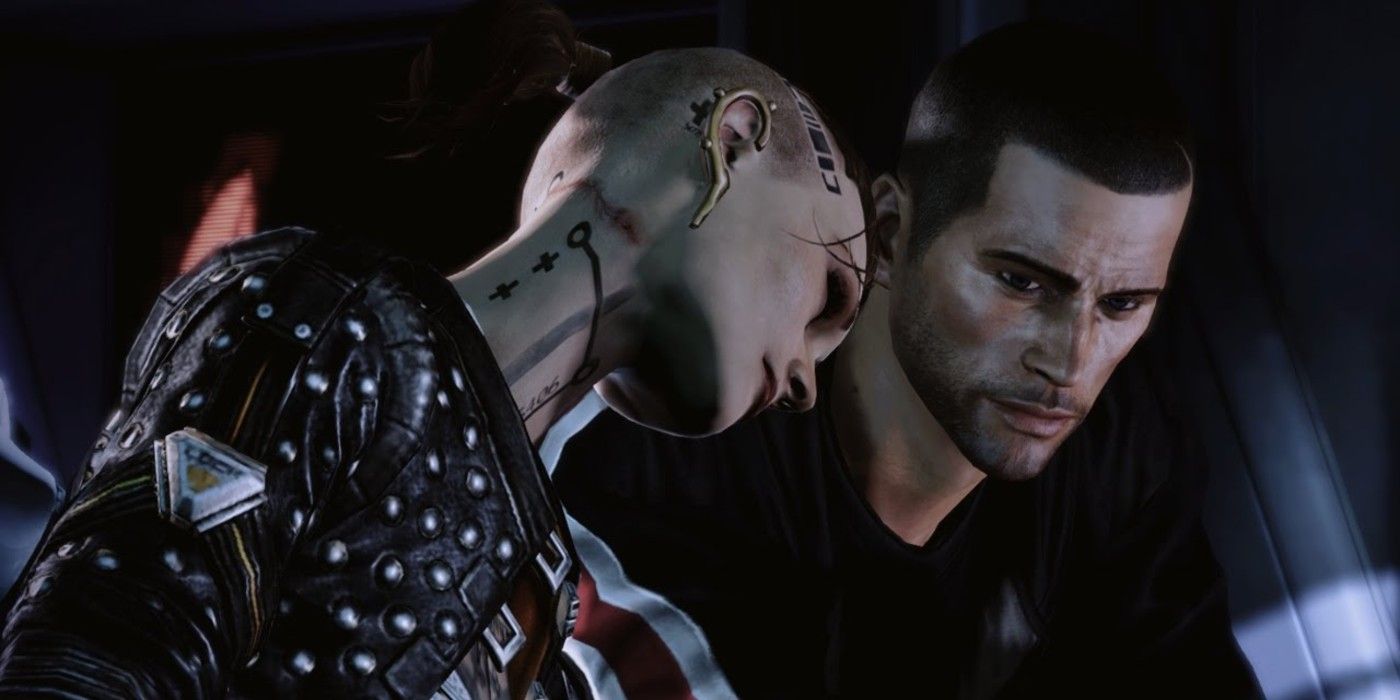 Jack rests her head on Shepard's shoulder during a conversation in Mass Effect 3