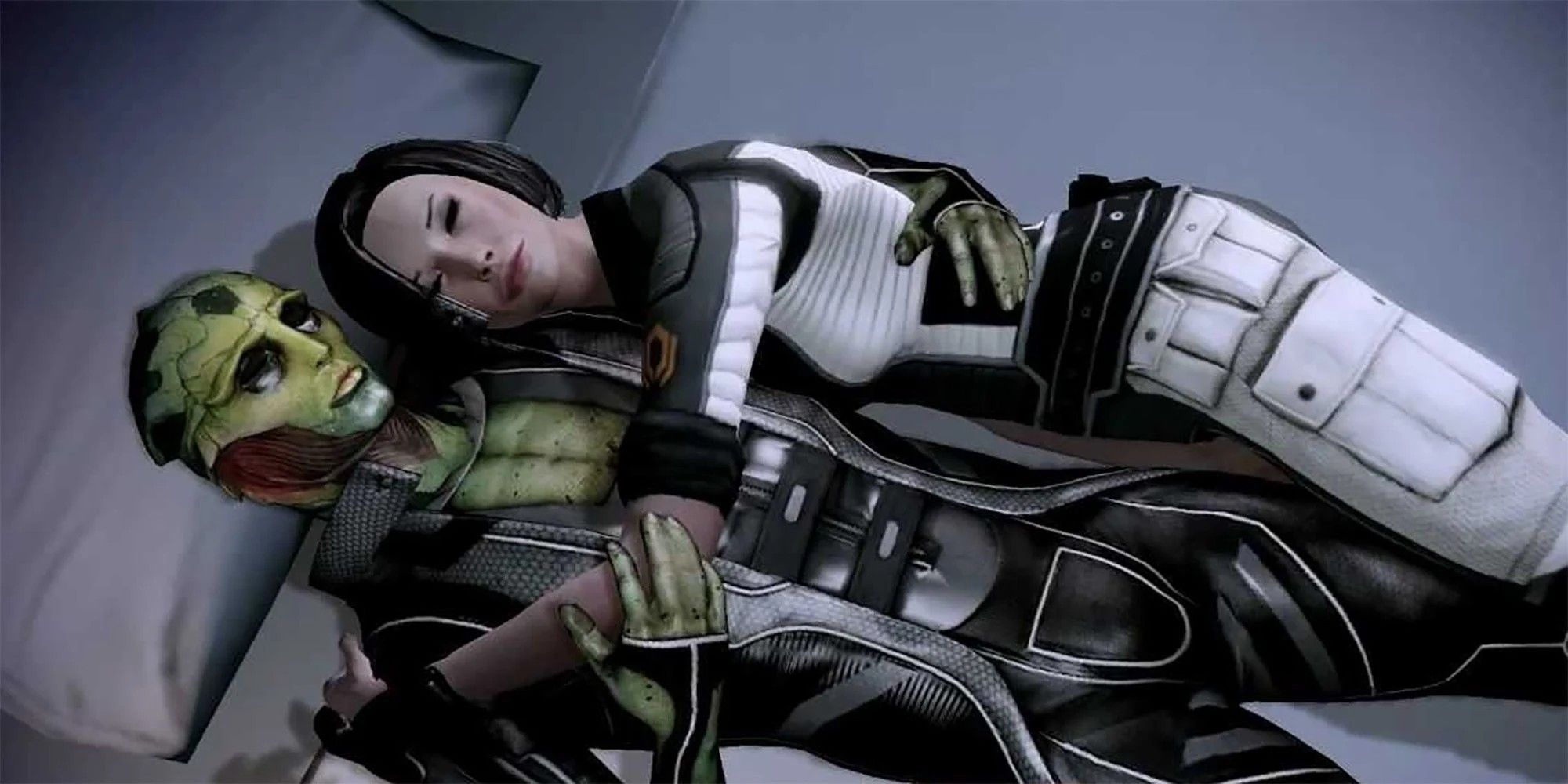 Shepard and Thane spend time together in Shepard's cabin in Mass Effect 2