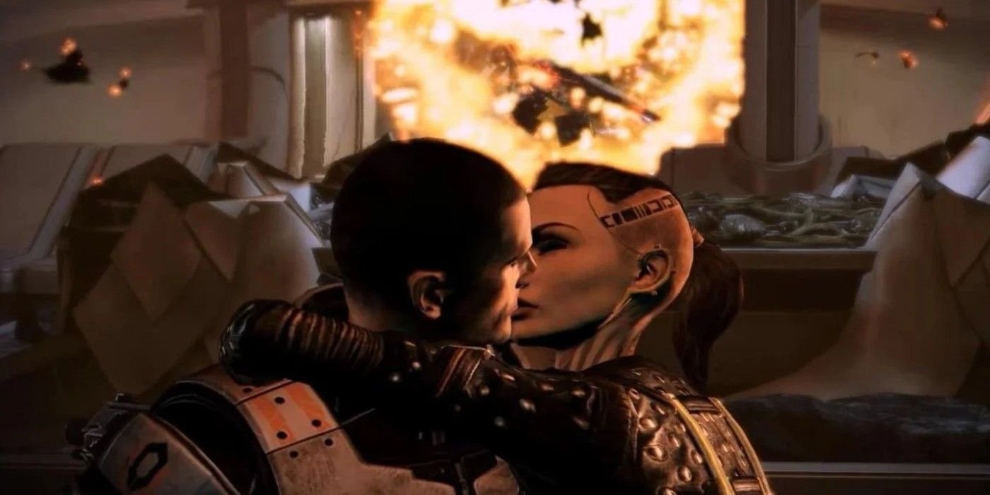 Shepard kisses Jack in front of an explosion in Mass Effect 3