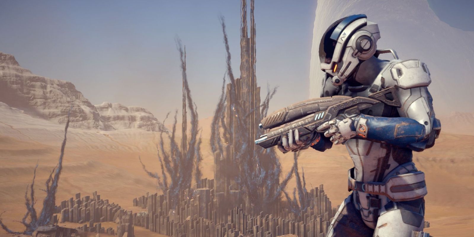 Pathfinder Ryder standing in the desert in Mass Effect Andromeda