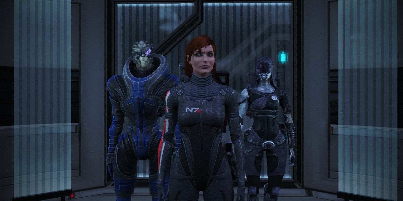 Garrus, Shepard, and Tali in an elevator on the Citadel in Mass Effect Legendary Edition