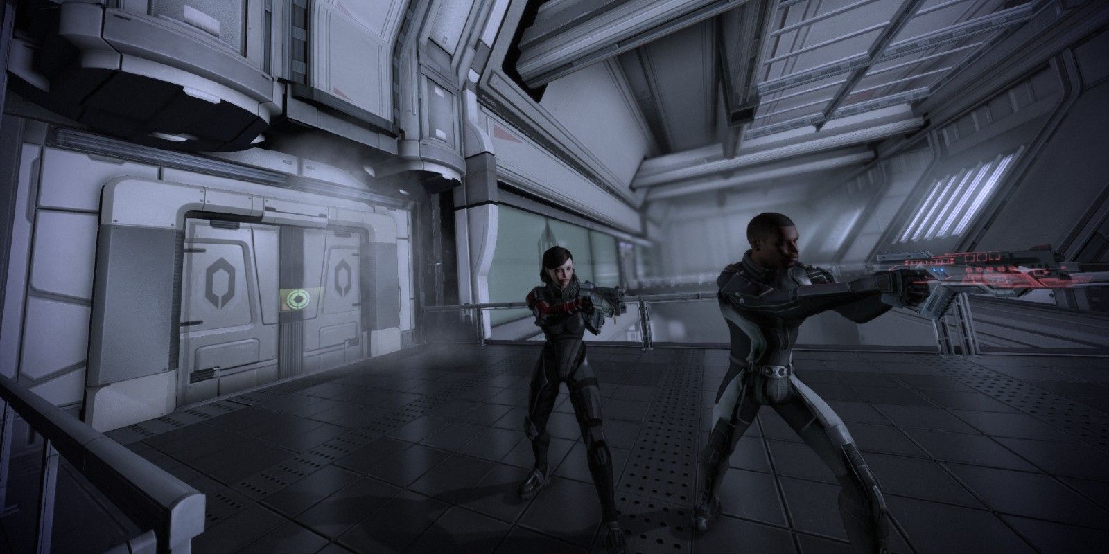 Shepard and Jacob fight through the Cerberus facility at the start of Mass Effect 2