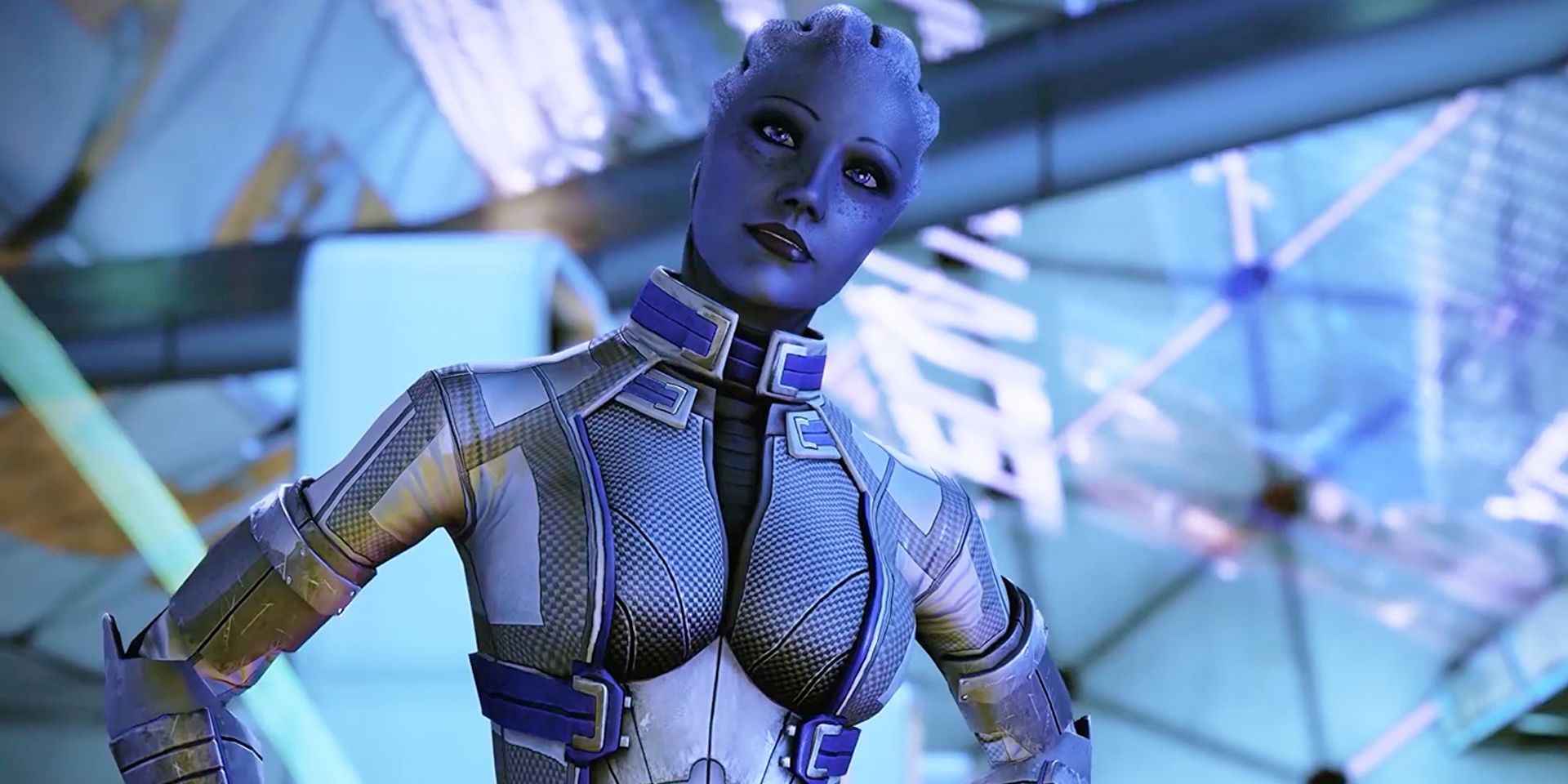 Liara with her hands on her waist looking confused in Mass Effect