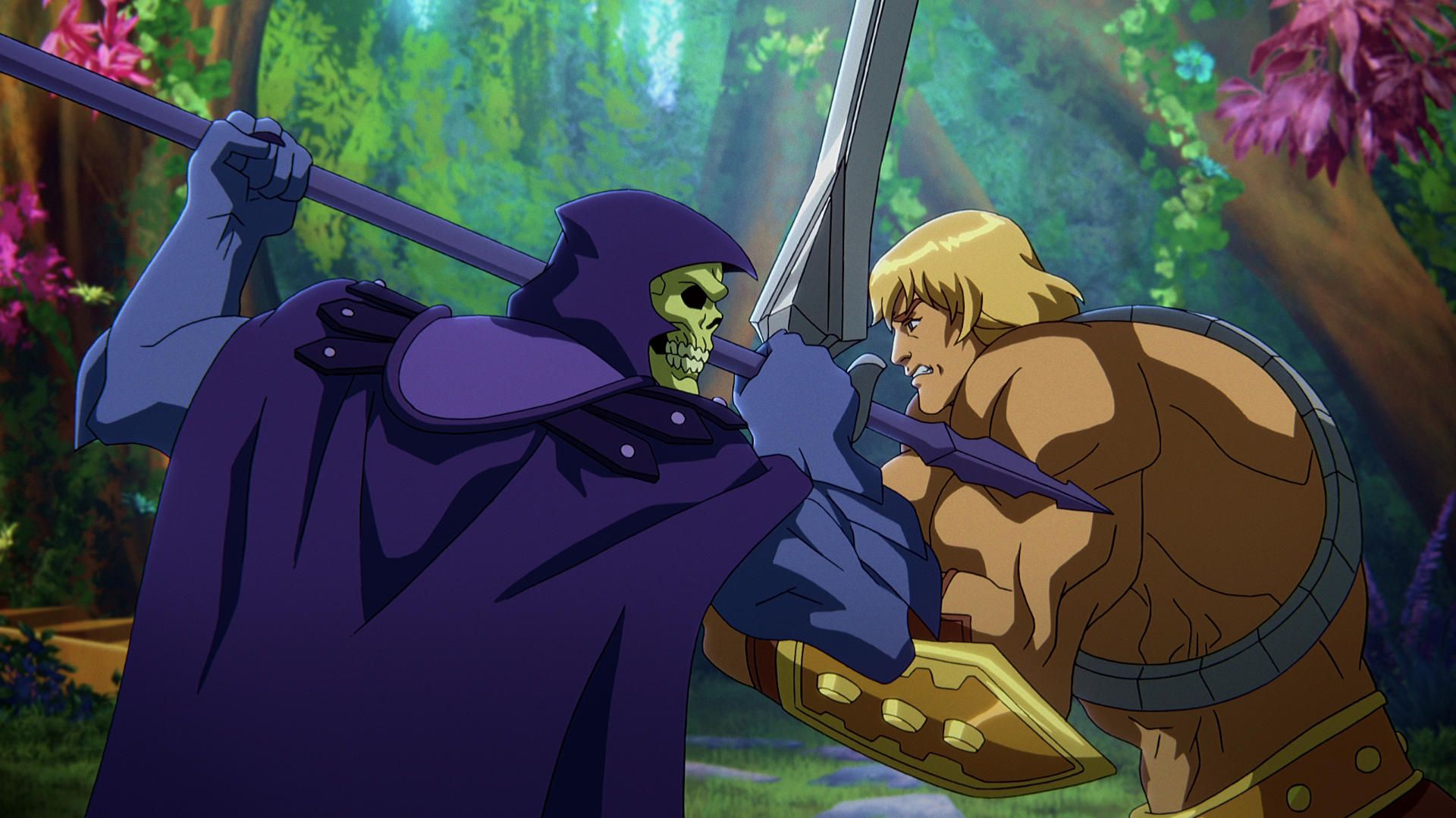 In a CG animated still from Masters of the Universe: Revelation, Skeletor (left), who wears a purple cloak and hood over his skull, grips his spear in a battle against He-Man (right), a strong shirtless blonde male with a golden armored belt and wrist plates holding a silver sword. The two are standing face to face in a forest with bright foliage.