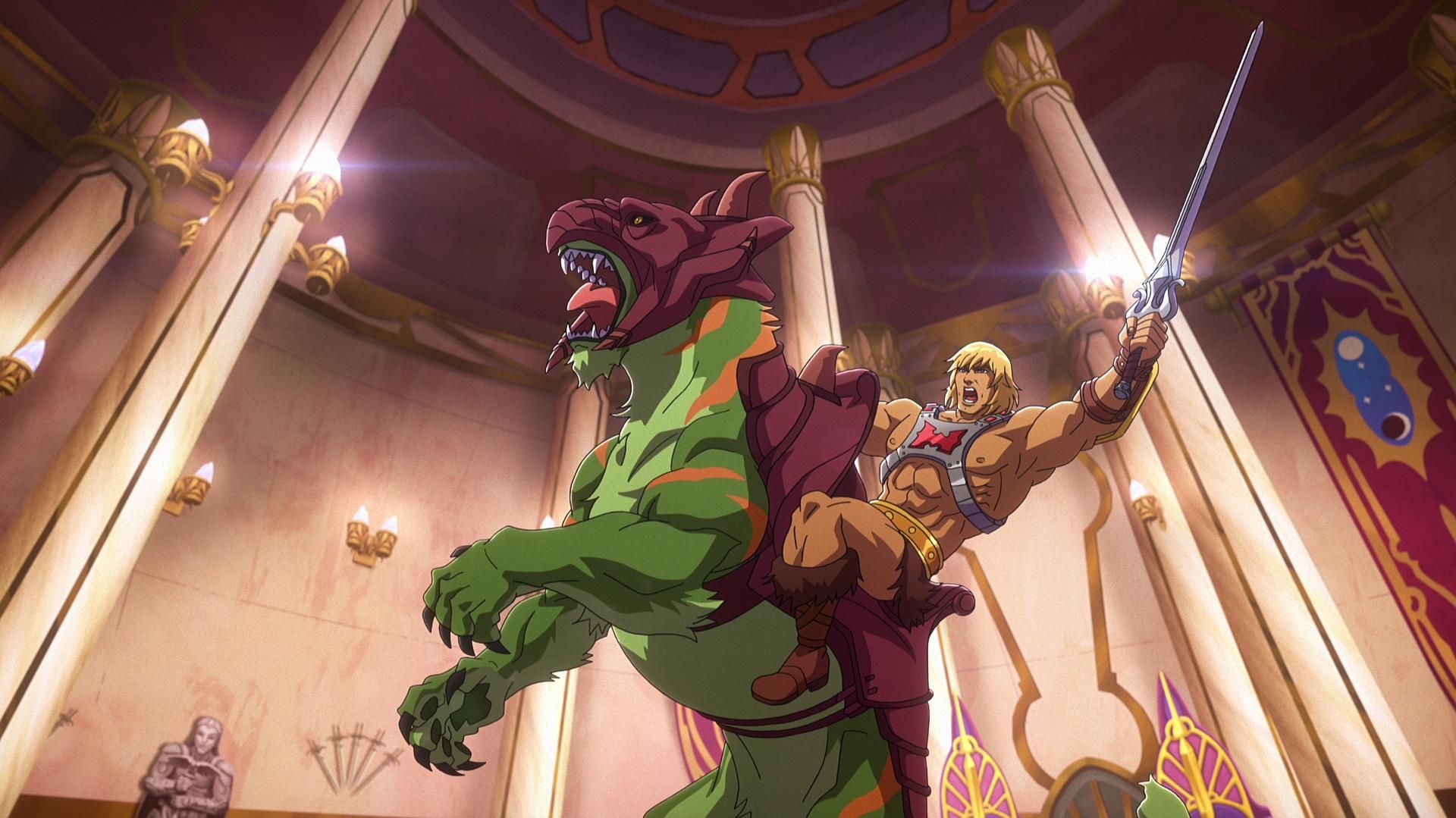 In a CG animated still from Masters of the Universe: Revelation, He-Man wears a silver chest plate with a red &quot;H&quot; in the center, a golden armored belt and golden wrist plates. He raises his silver sword atop Battle Cat, a green tiger with orange stripes and maroon armor on his hind legs. The two are in the center of a throne room.
