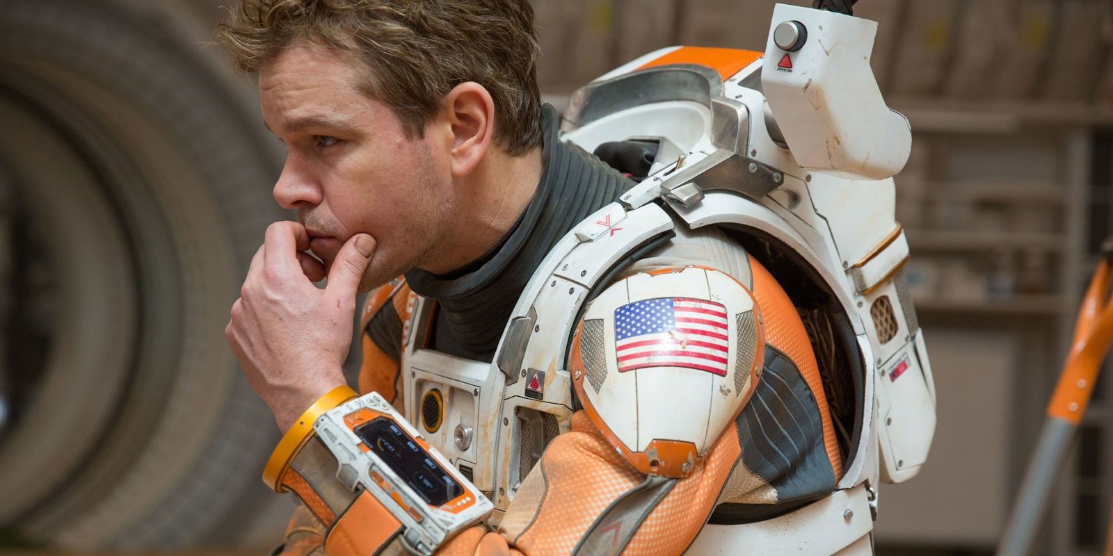 Mark Watney thinking in his space suit in The Martian