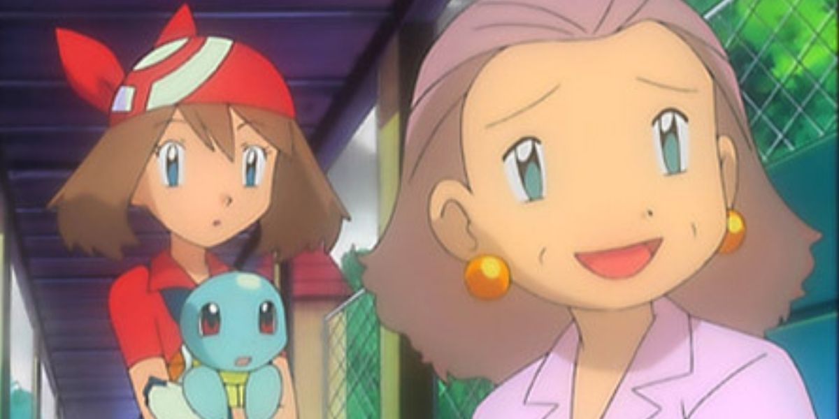 May holds Squirtle and they listen to a woman talking
