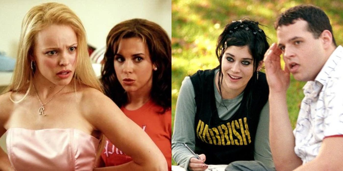 Regina trying on clothing with Gretchen and Janis and Damian sitting outside the high school Mean Girls featured image
