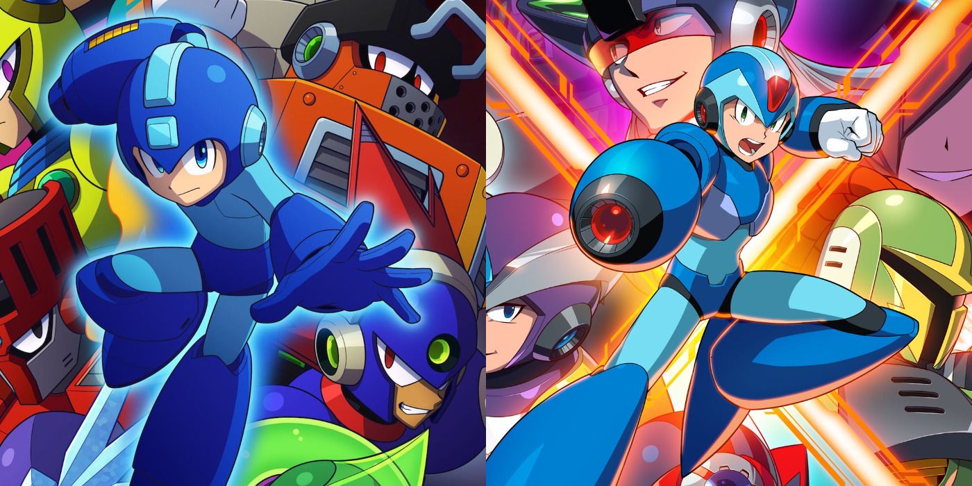 Two split images of the characters in Mega Man