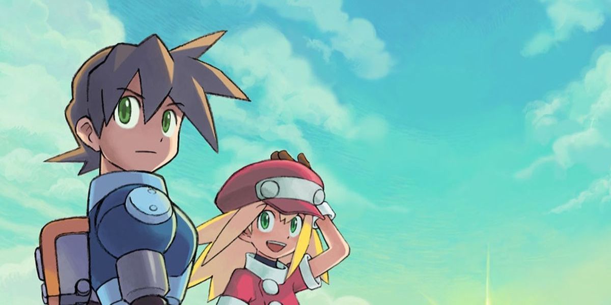 A boy dressed in blue and a girl dressed in pink looking towards the camera in Mega Man