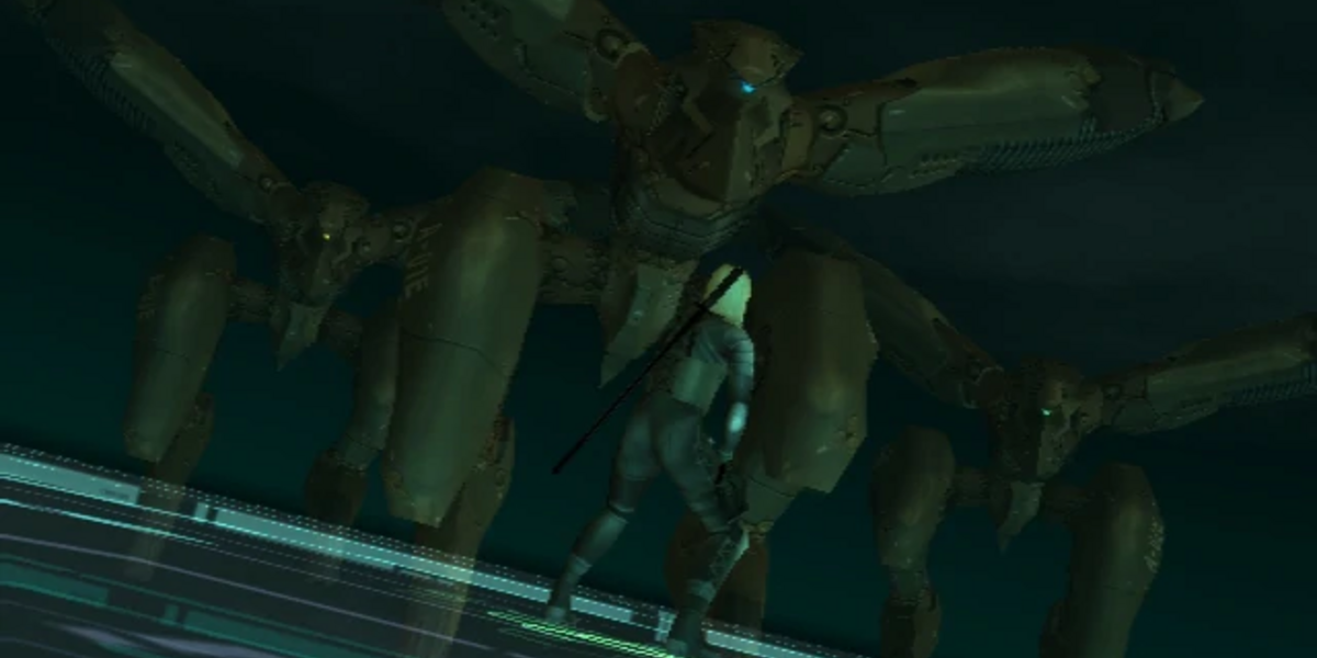 Raiden prepares to fight Metal Gear RAY units in Metal Gear Solid 2