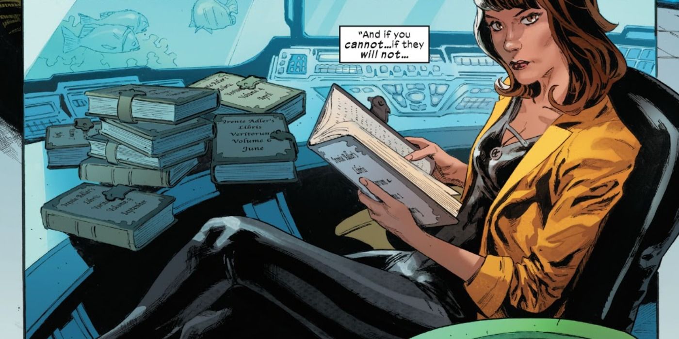 Moira MacTaggert reads Destiny's diaries in Marvel Comics.