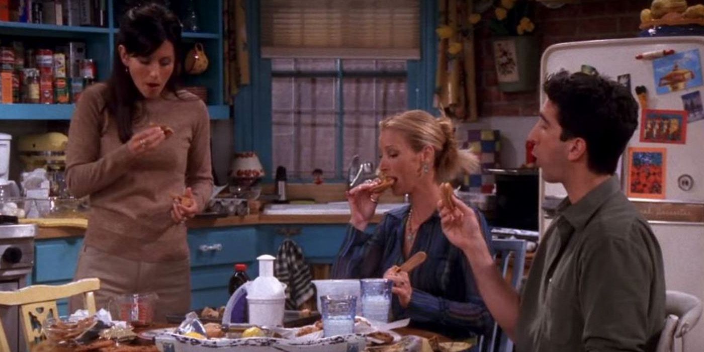 Monica, Phoebe, and Ross tasting cookies