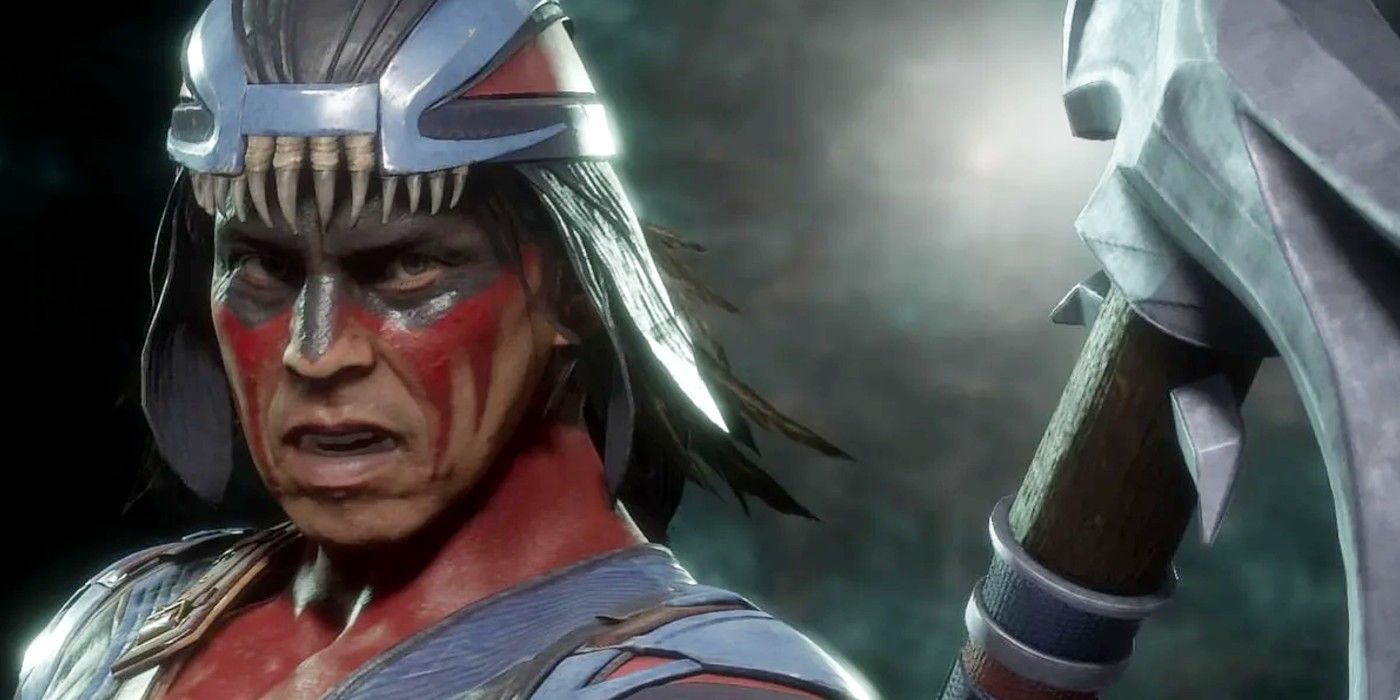 Nightwolf is covered in red and black warpaint in Mortal Kombat 11