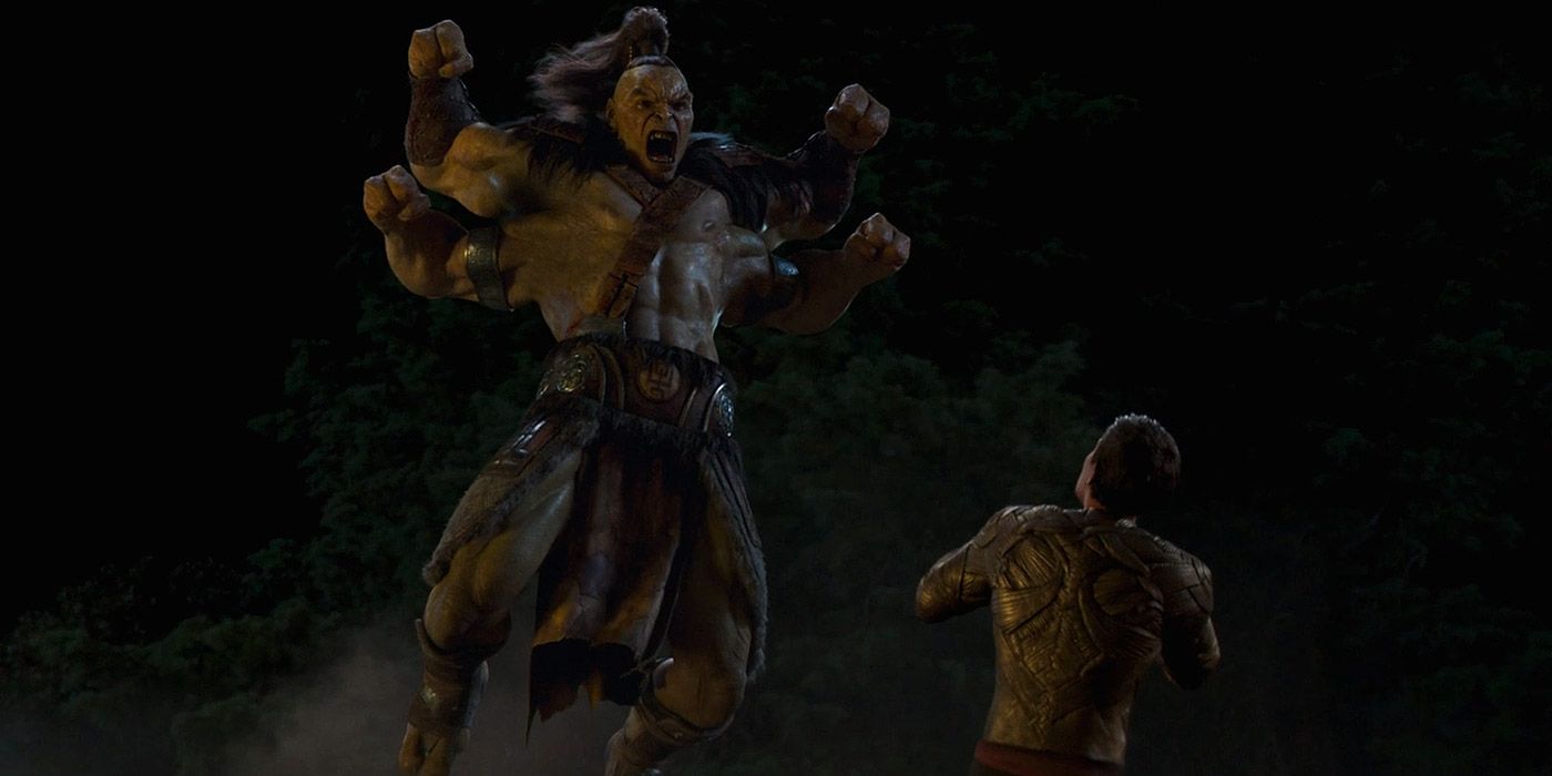 Goro attacks Cole after he unleashed his arcana