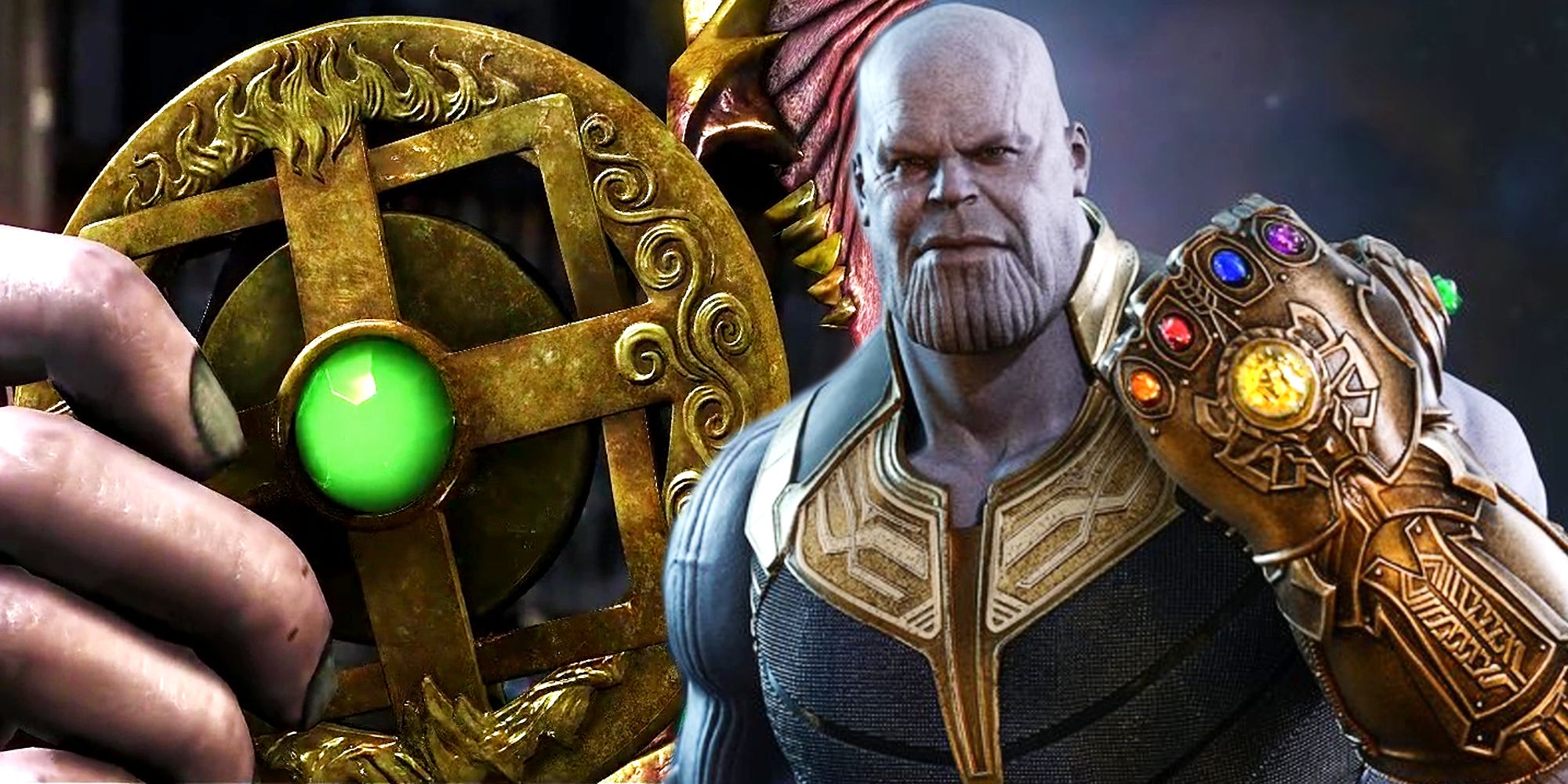 Mortal Kombat's Amulet of Shinnok and Thanos with the Infinity Gauntlet in the MCU