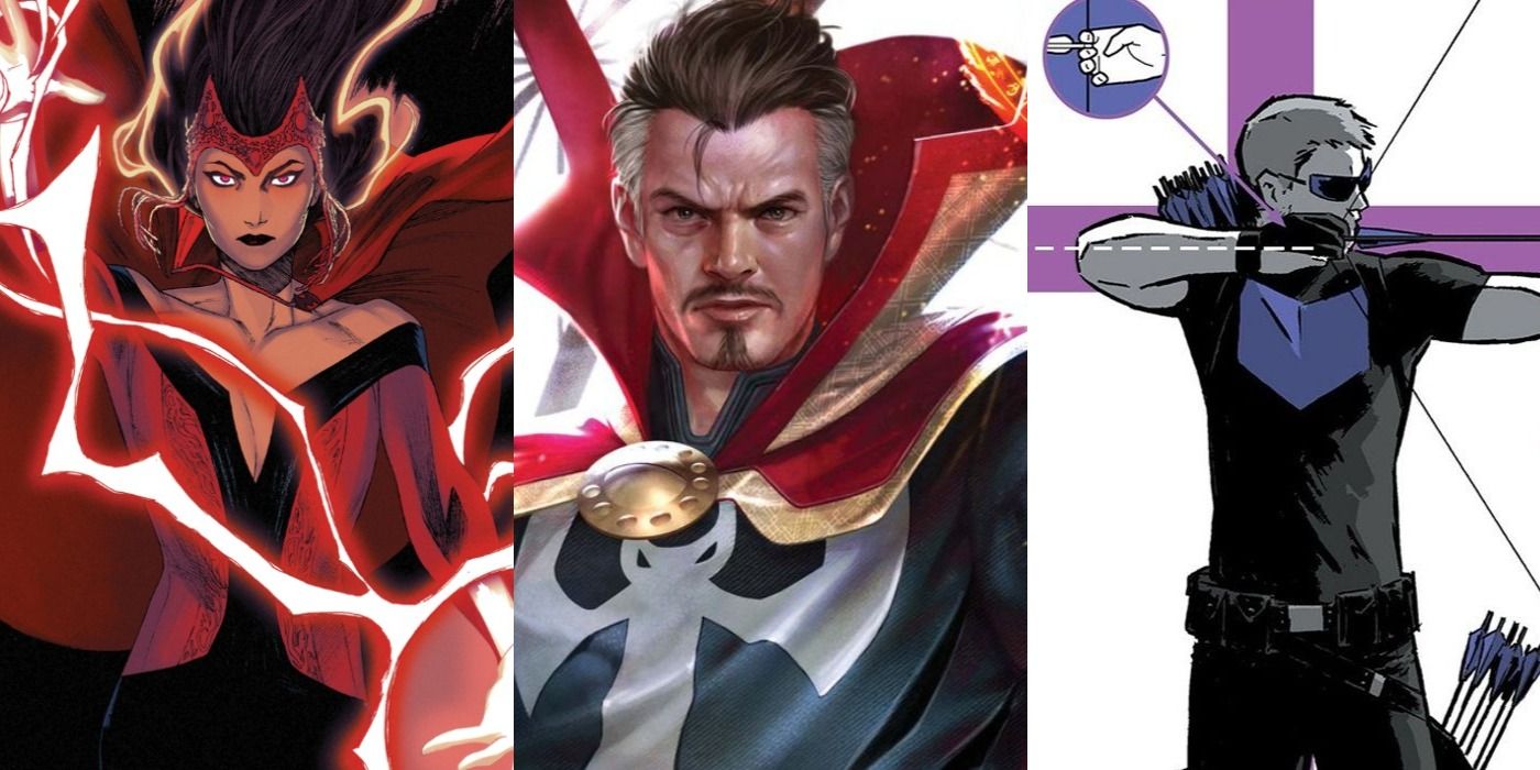 Split image of Scarlet Witch, Doctor Strange, and Hawkeye from Marvel Comics.