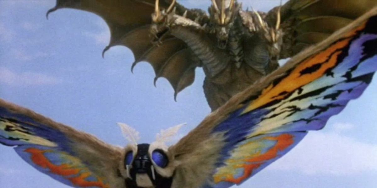 Ghidorah pursues mothra in Rebirth of Mothra III.