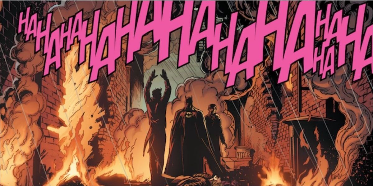 The Joker laughs at Joe Chill and Batman as a theatre burns around them