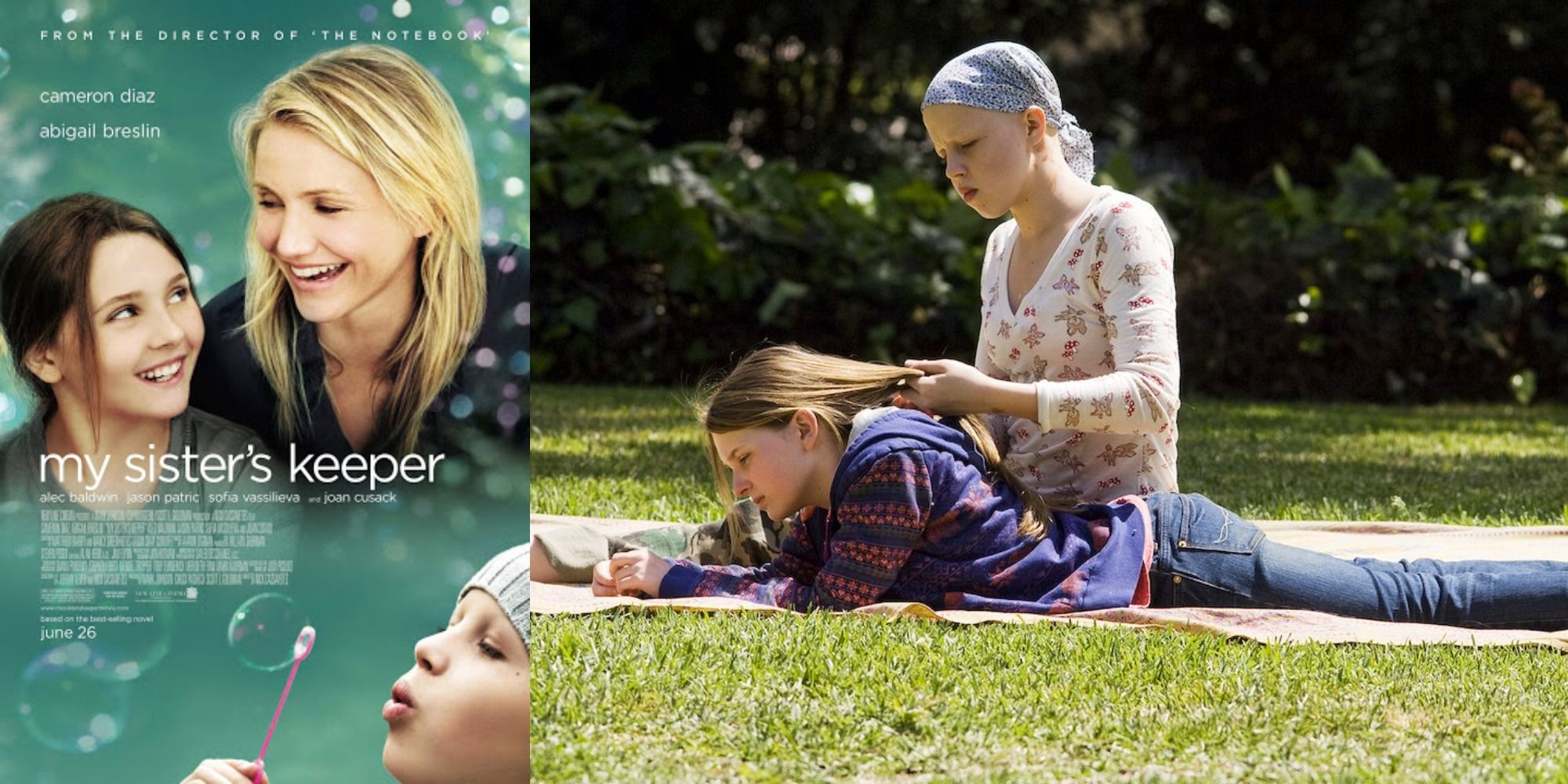 The My Sisters Keeper Poster next to Kate braiding Anna's hair