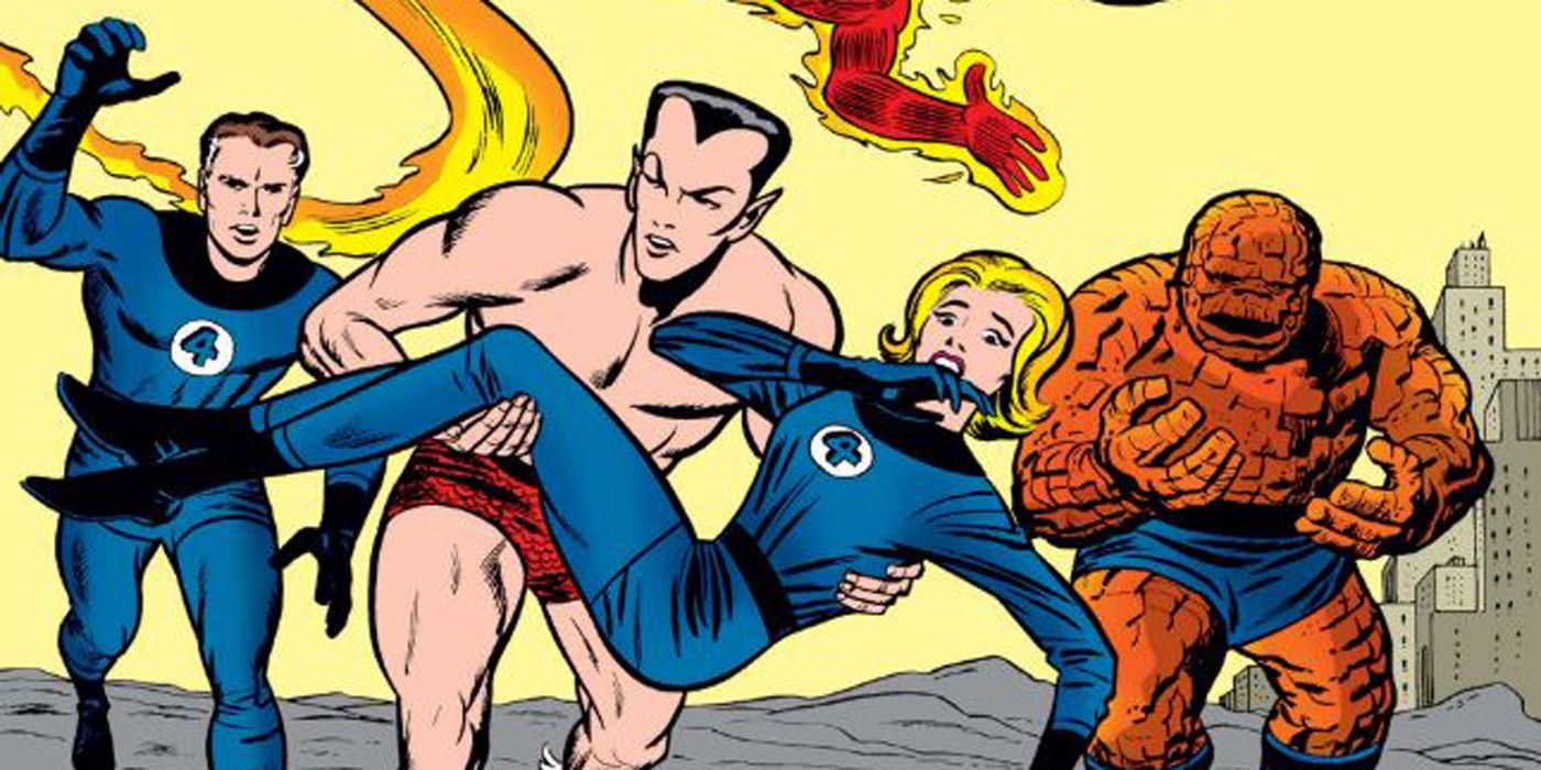Namor running with Sue Storm from the Fantastic Four.