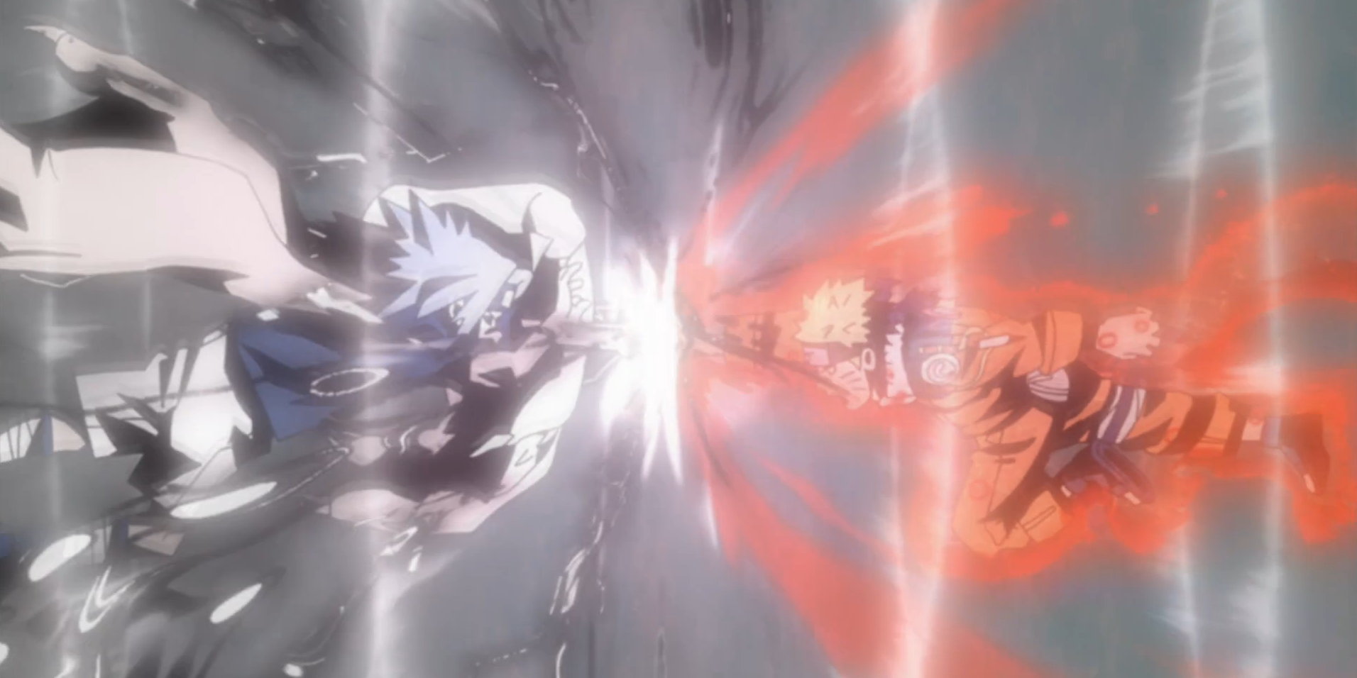 A transformed Sasuke and Naruto's Chidori and Rasengan clashing in front of a waterfall in Naruto.
