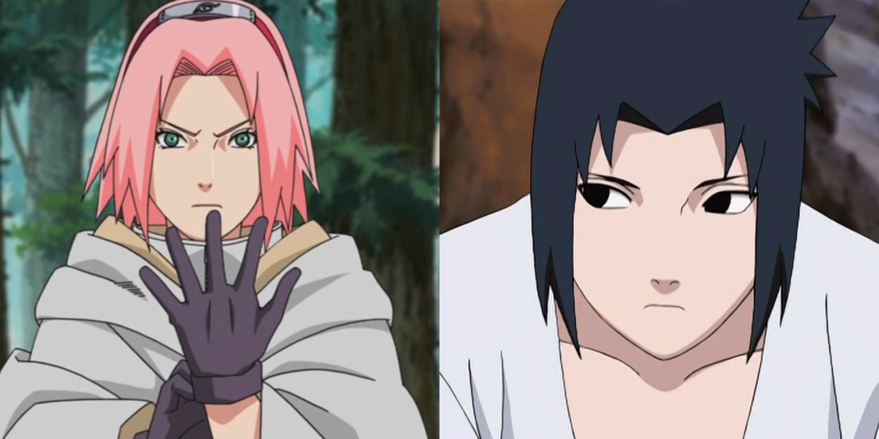 Split image showing Sakura and Sasuke in Naruto