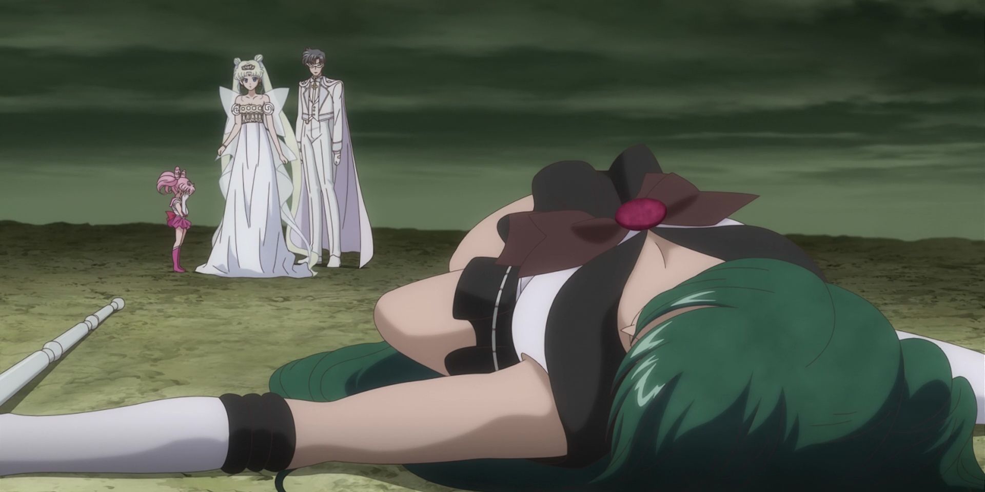 Neo-Queen Serenity, Sailor Chib-Moon and King Endymion look at Sailor Pluto in Crystal act 26
