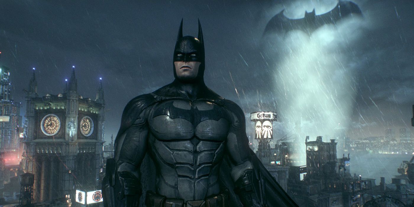 Batman em frente ao Batsinal sobre Gotham