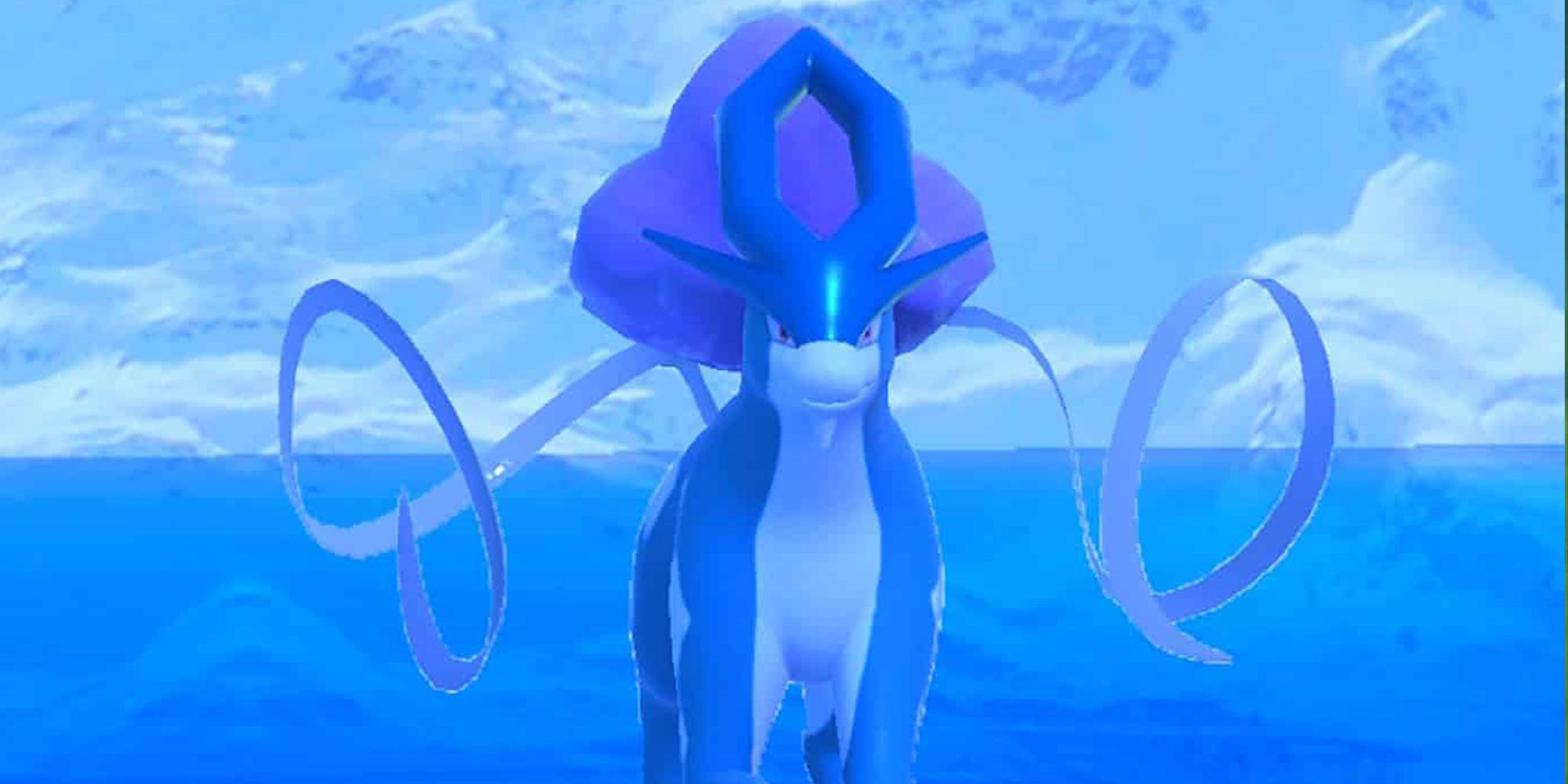 Suicune in Pokémon Snap, standing in front of an icy mountain lake and looking directly into the camera.
