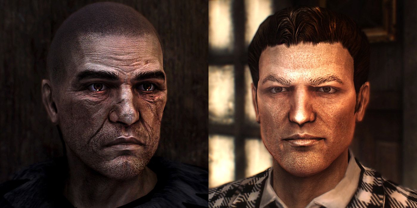 A split image of two enhanced character head models and textures in Fallout: New Vegas