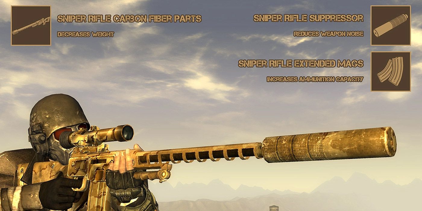 A player wielding a sniper rifle in Fallout: New Vegas.